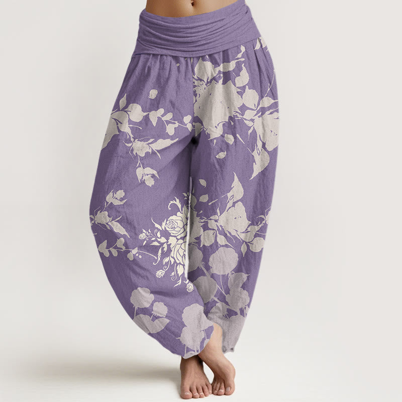 Pantalones harén con cintura elástica para mujer con estampado de flores en flor y Buddha Stones - Ciruela - US22，UK/AU26，EU54 (6XL) - image 8
