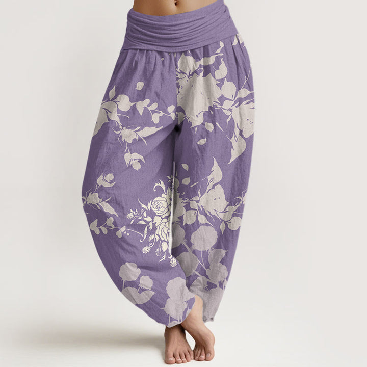 Pantalones harén con cintura elástica para mujer con estampado de flores en flor y Buddha Stones - Ciruela - US22，UK/AU26，EU54 (6XL) - image 8