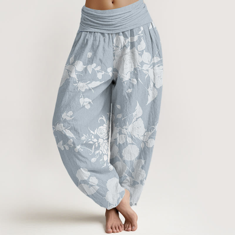 Pantalones harén con cintura elástica para mujer con estampado de flores en flor y Buddha Stones - Azul cielo claro - US22，UK/AU26，EU54 (6XL) - image 5
