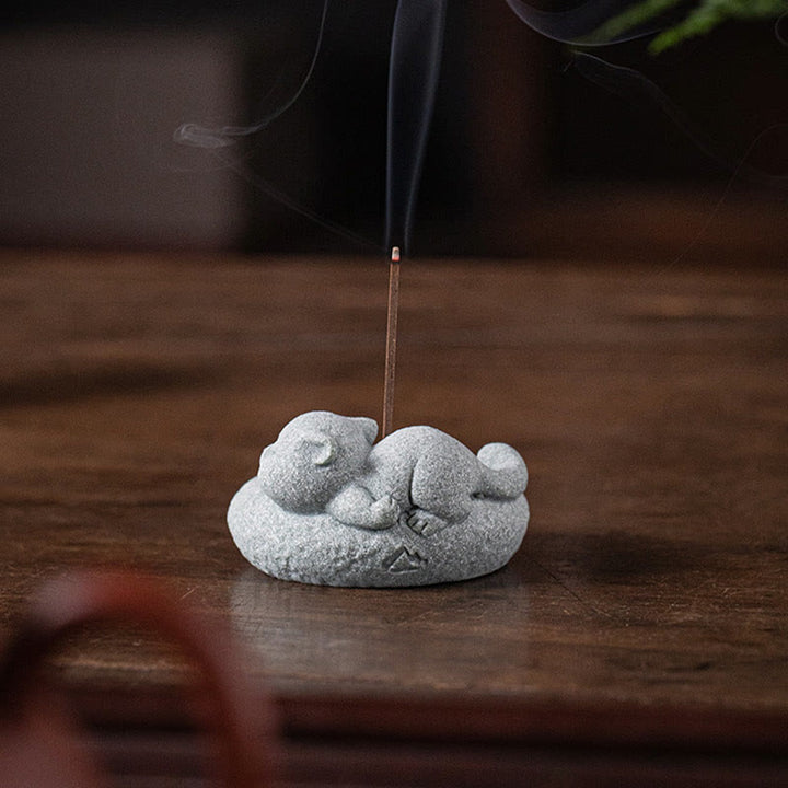 Quemador de incienso curativo con forma de gato de pie perezoso y adorable con Buddha Stones para decoración de escritorio - image 17