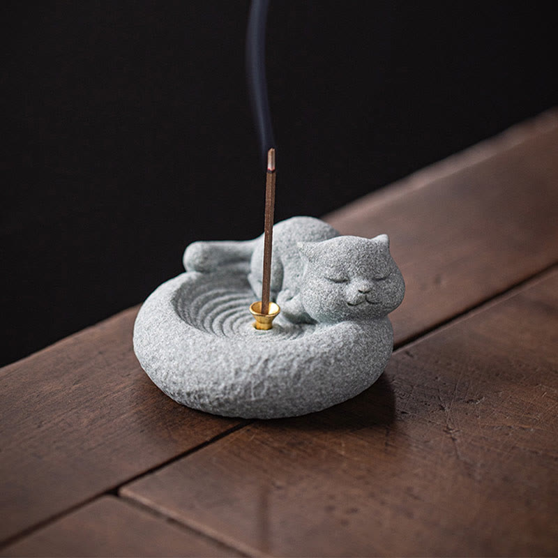 Quemador de incienso curativo con forma de gato de pie perezoso y adorable con Buddha Stones para decoración de escritorio - image 22