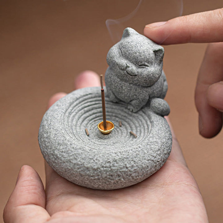 Quemador de incienso curativo con forma de gato de pie perezoso y adorable con Buddha Stones para decoración de escritorio - image 8