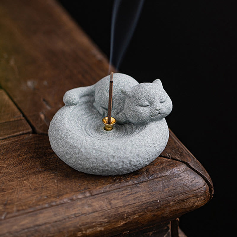 Quemador de incienso curativo con forma de gato de pie perezoso y adorable con Buddha Stones para decoración de escritorio - image 23
