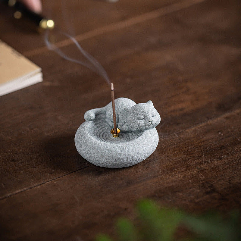 Quemador de incienso curativo con forma de gato de pie perezoso y adorable con Buddha Stones para decoración de escritorio - image 18