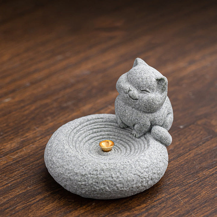 Quemador de incienso curativo con forma de gato de pie perezoso y adorable con Buddha Stones para decoración de escritorio - image 7