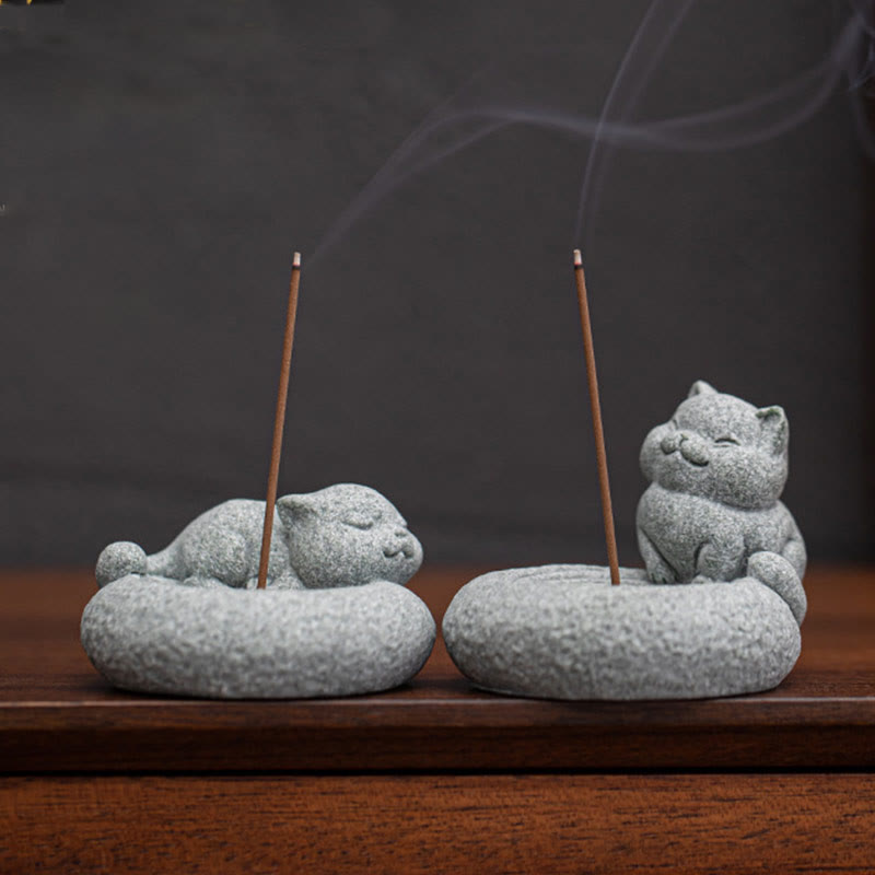 Quemador de incienso curativo con forma de gato de pie perezoso y adorable con Buddha Stones para decoración de escritorio - image 2