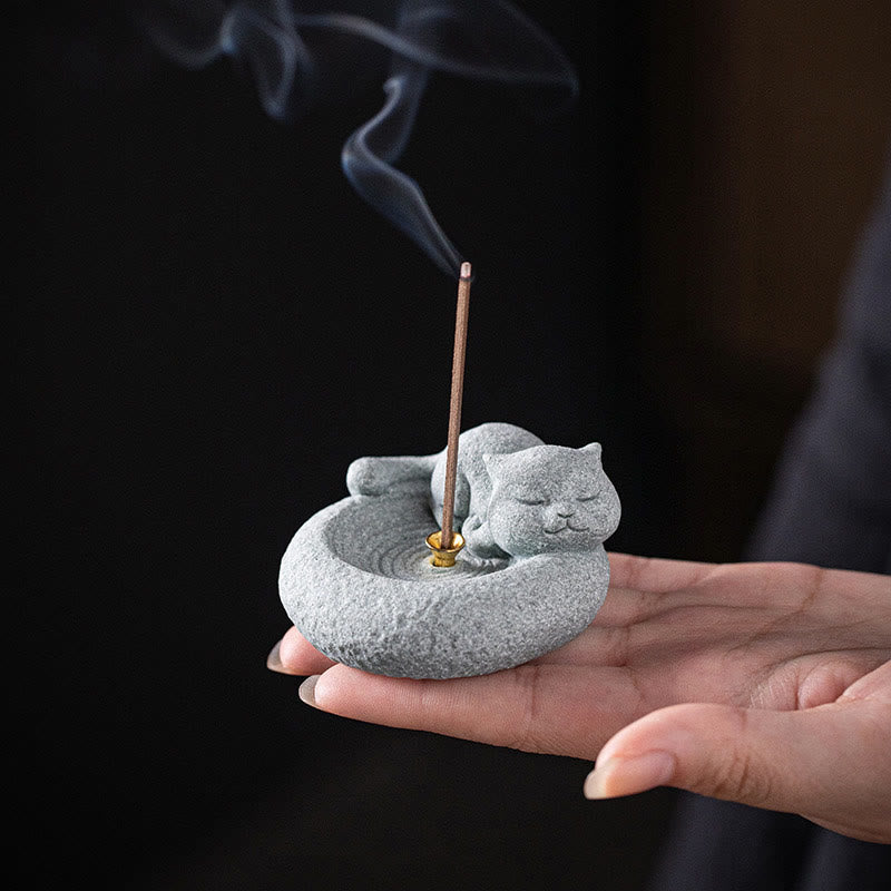Quemador de incienso curativo con forma de gato de pie perezoso y adorable con Buddha Stones para decoración de escritorio - image 14