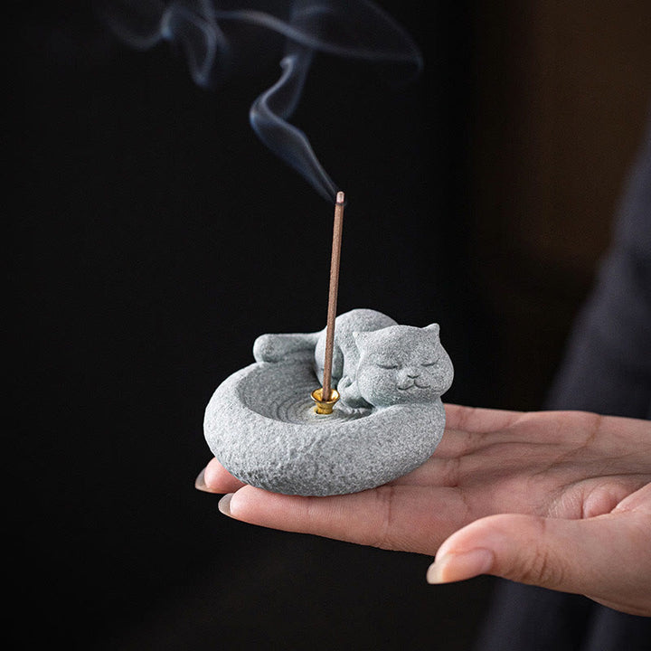Quemador de incienso curativo con forma de gato de pie perezoso y adorable con Buddha Stones para decoración de escritorio - image 14