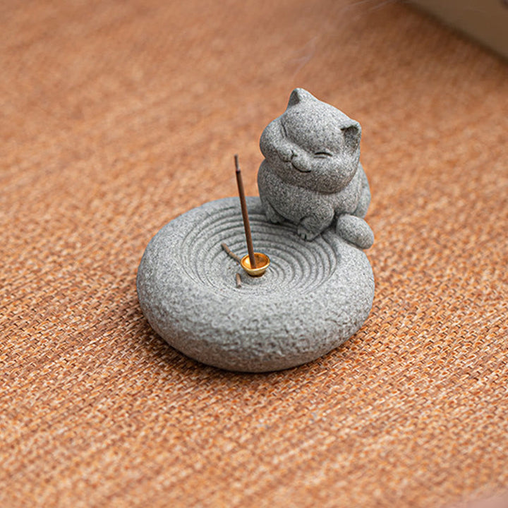 Quemador de incienso curativo con forma de gato de pie perezoso y adorable con Buddha Stones para decoración de escritorio - image 5