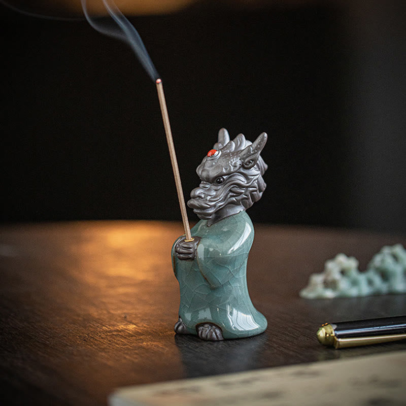 Quemador de incienso de cerámica con base de loto y personaje Fu del rey dragón rezando con Buddha Stones para decoración de escritorio