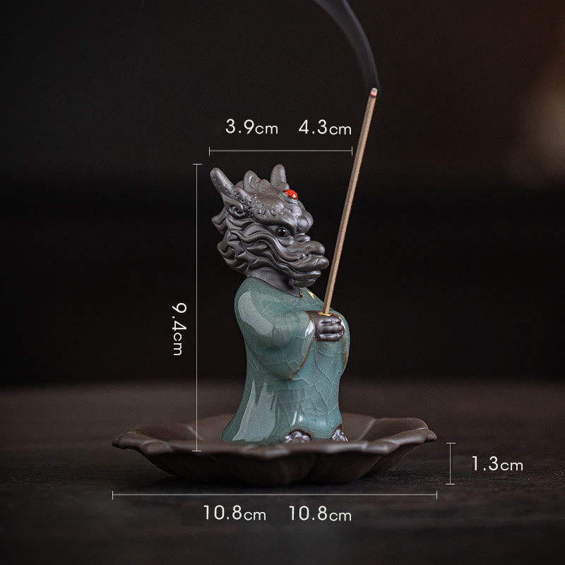 Quemador de incienso de cerámica con base de loto y personaje Fu del rey dragón rezando con Buddha Stones para decoración de escritorio