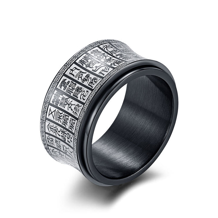 Anillo de equilibrio giratorio de acero y titanio con escritura de sello tibetano y mantra de luz dorada con Buddha Stones
