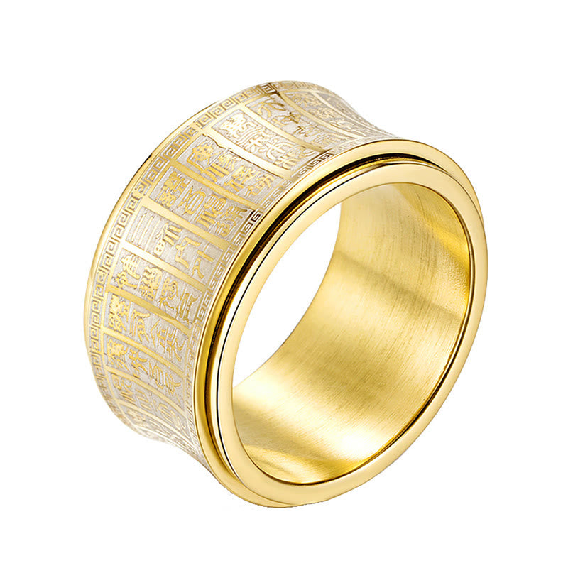Anillo de equilibrio giratorio de acero y titanio con escritura de sello tibetano y mantra de luz dorada con Buddha Stones