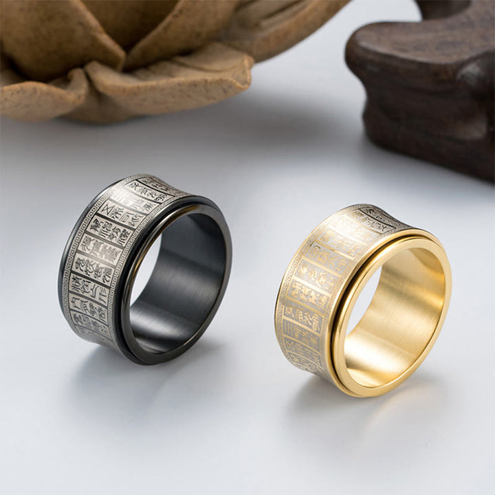Anillo de equilibrio giratorio de acero y titanio con escritura de sello tibetano y mantra de luz dorada con Buddha Stones