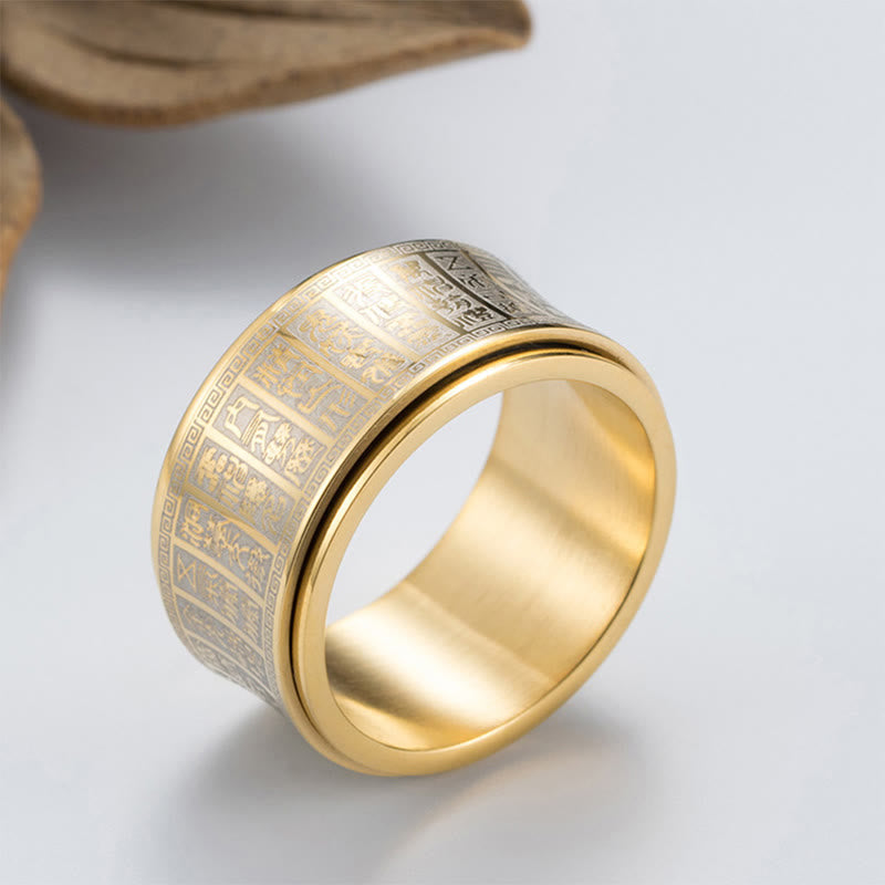 Anillo de equilibrio giratorio de acero y titanio con escritura de sello tibetano y mantra de luz dorada con Buddha Stones
