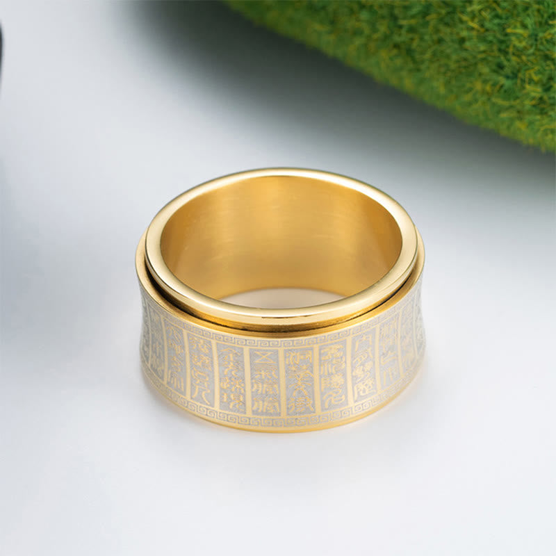 Anillo de equilibrio giratorio de acero y titanio con escritura de sello tibetano y mantra de luz dorada con Buddha Stones