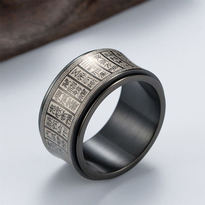 Anillo de equilibrio giratorio de acero y titanio con escritura de sello tibetano y mantra de luz dorada con Buddha Stones
