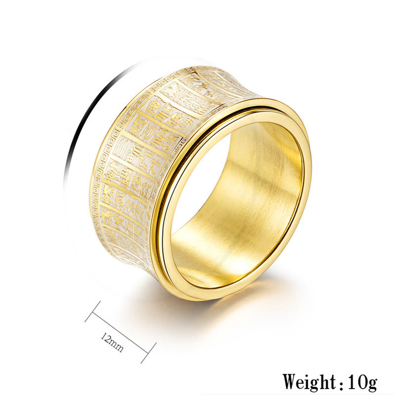 Anillo de equilibrio giratorio de acero y titanio con escritura de sello tibetano y mantra de luz dorada con Buddha Stones