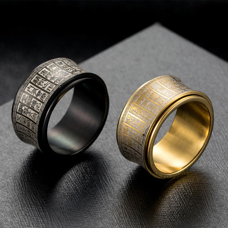 Anillo de equilibrio giratorio de acero y titanio con escritura de sello tibetano y mantra de luz dorada con Buddha Stones