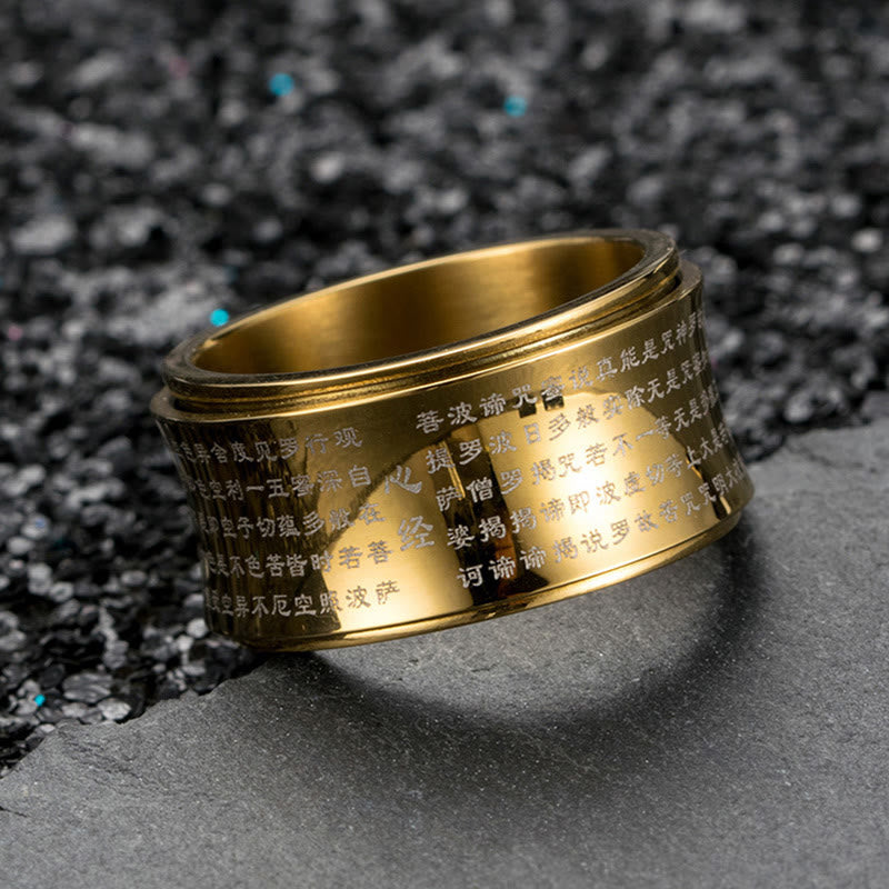 Anillo de equilibrio giratorio de acero y titanio con escrituras tibetanas en miniatura y Buddha Stones