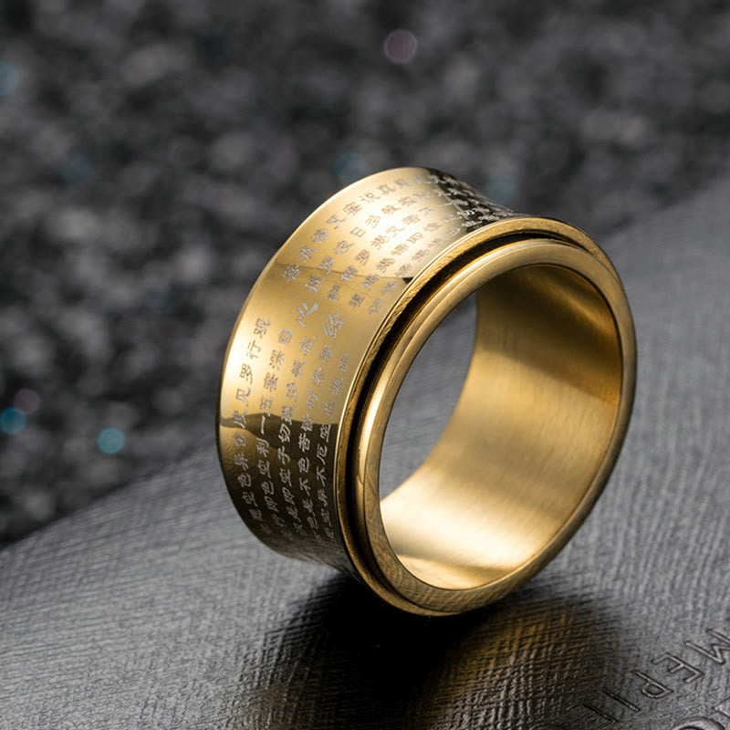 Anillo de equilibrio giratorio de acero y titanio con escrituras tibetanas en miniatura y Buddha Stones