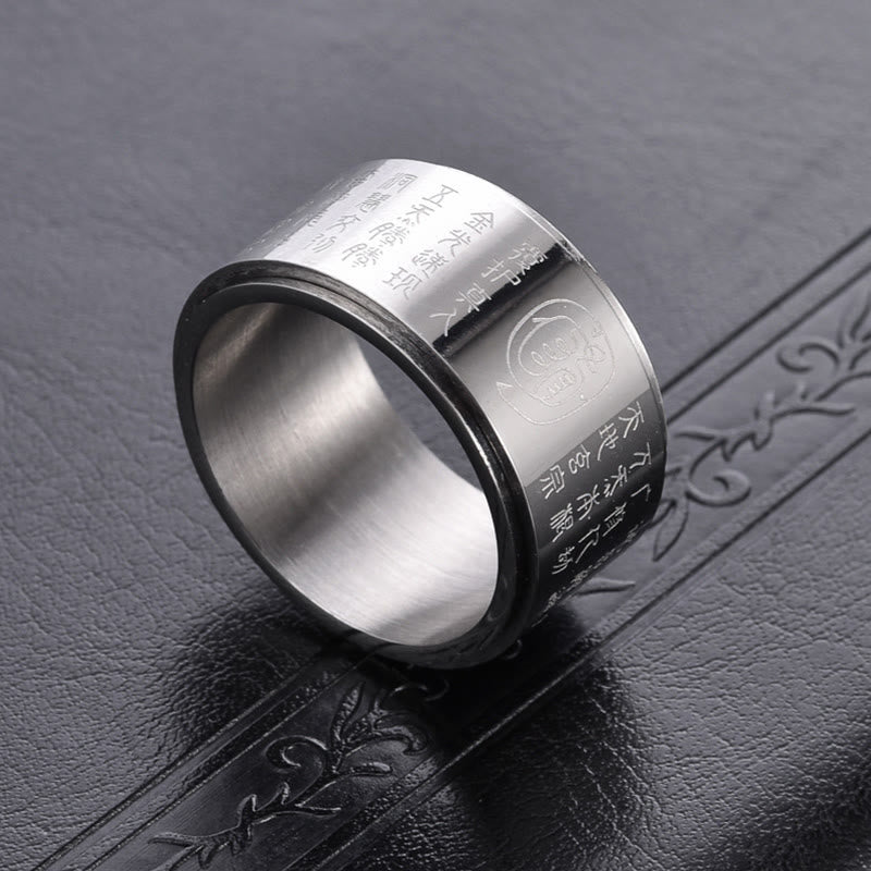 Anillo de equilibrio giratorio de superficie lisa de acero y titanio con mantra de luz dorada tibetano con Buddha Stones