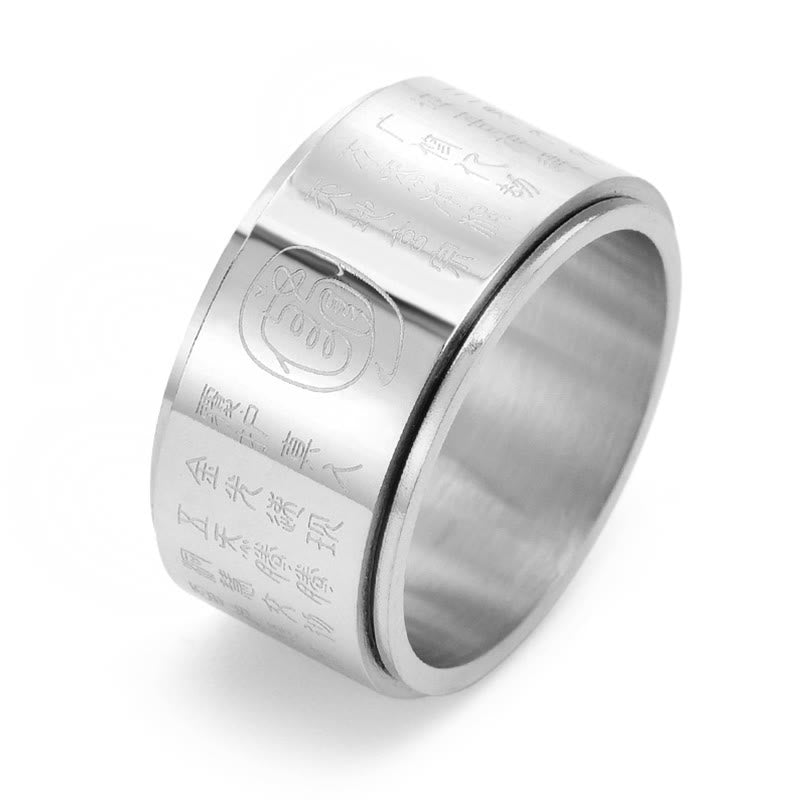 Anillo de equilibrio giratorio de superficie lisa de acero y titanio con mantra de luz dorada tibetano con Buddha Stones
