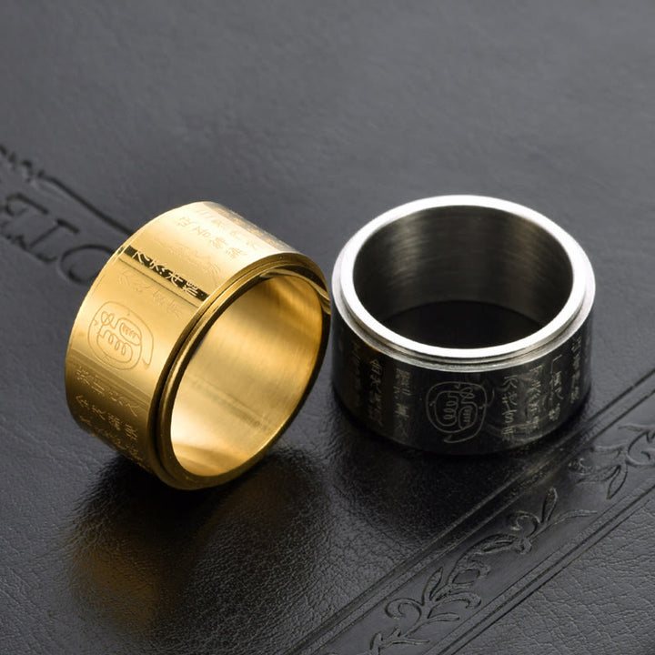 Anillo de equilibrio giratorio de superficie lisa de acero y titanio con mantra de luz dorada tibetano con Buddha Stones