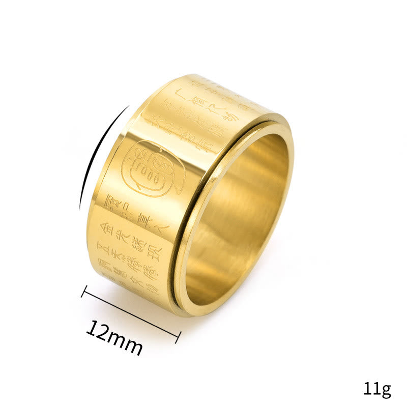 Anillo de equilibrio giratorio de superficie lisa de acero y titanio con mantra de luz dorada tibetano con Buddha Stones
