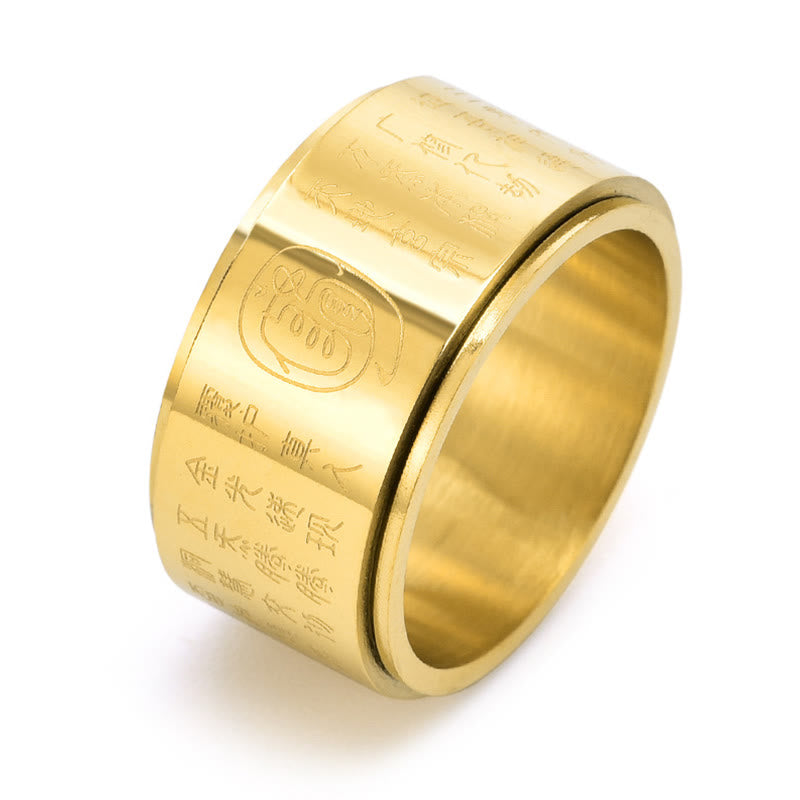 Anillo de equilibrio giratorio de superficie lisa de acero y titanio con mantra de luz dorada tibetano con Buddha Stones