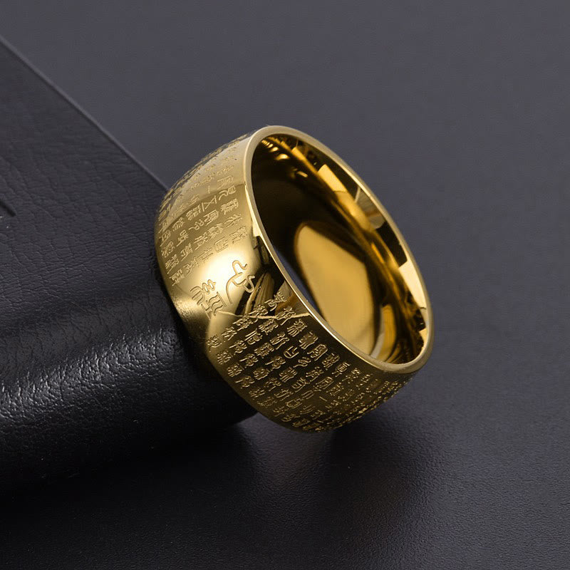 Anillo de equilibrio de acero y titanio con sello tibetano y sutra del corazón con Buddha Stones