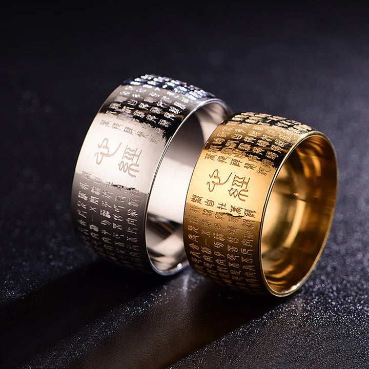 Anillo de equilibrio de acero y titanio con sello tibetano y sutra del corazón con Buddha Stones