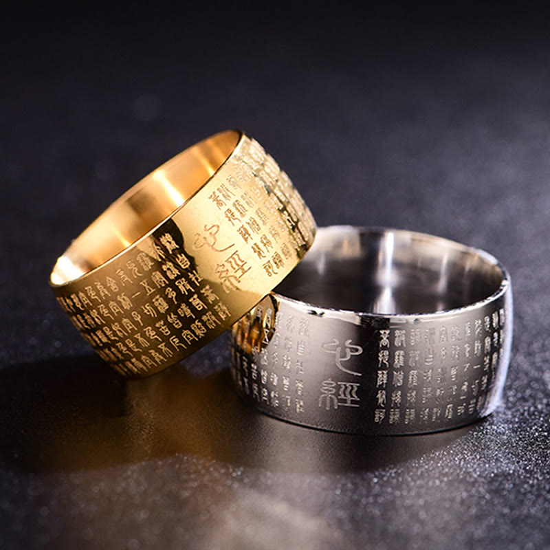 Anillo de equilibrio de acero y titanio con sello tibetano y sutra del corazón con Buddha Stones