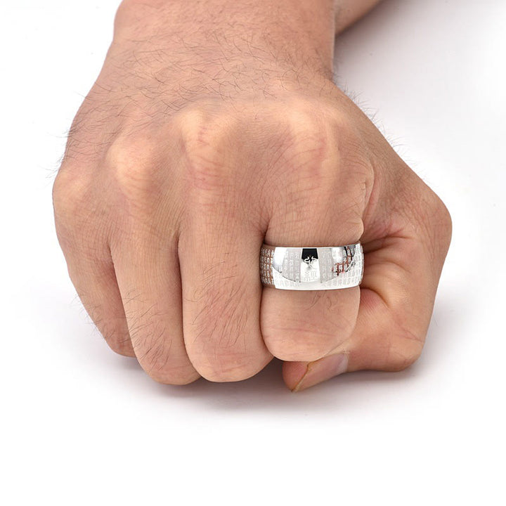 Anillo de equilibrio de acero y titanio con sello tibetano y sutra del corazón con Buddha Stones