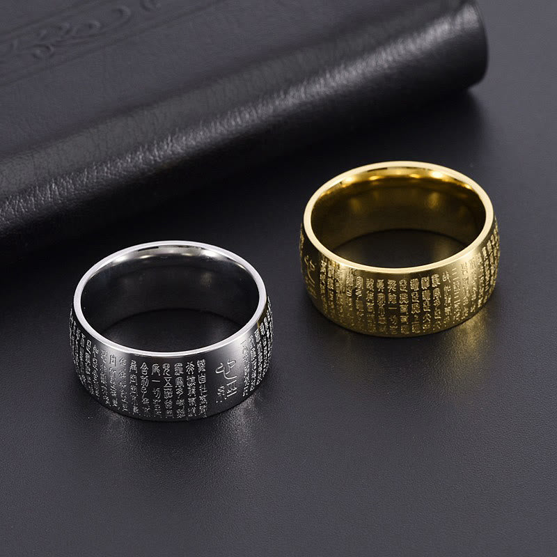 Anillo de equilibrio de acero y titanio con sello tibetano y sutra del corazón con Buddha Stones