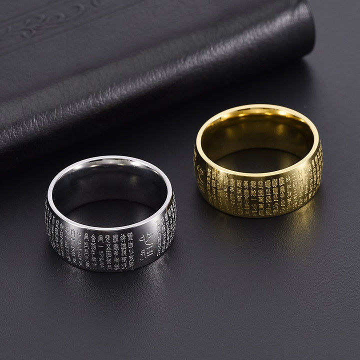 Anillo de equilibrio de acero y titanio con sello tibetano y sutra del corazón con Buddha Stones