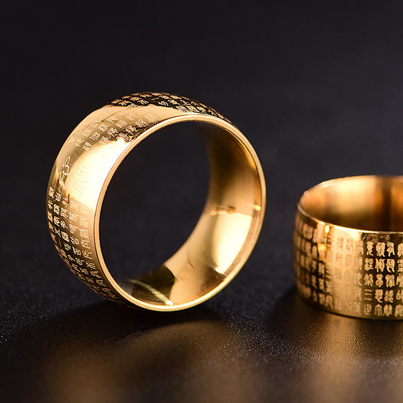Anillo de equilibrio de acero y titanio con sello tibetano y sutra del corazón con Buddha Stones