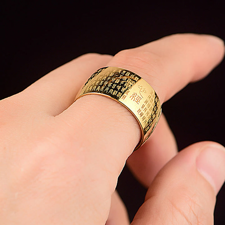 Anillo de equilibrio de acero y titanio con sello tibetano y sutra del corazón con Buddha Stones