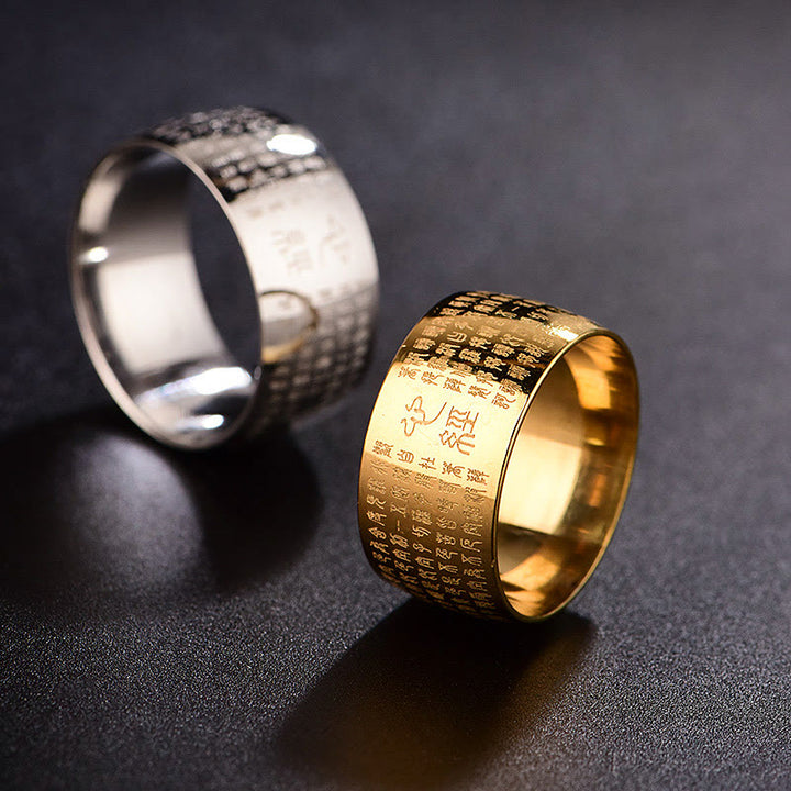 Anillo de equilibrio de acero y titanio con sello tibetano y sutra del corazón con Buddha Stones