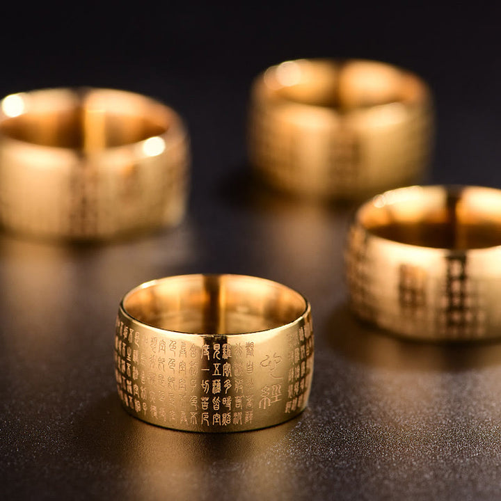 Anillo de equilibrio de acero y titanio con sello tibetano y sutra del corazón con Buddha Stones