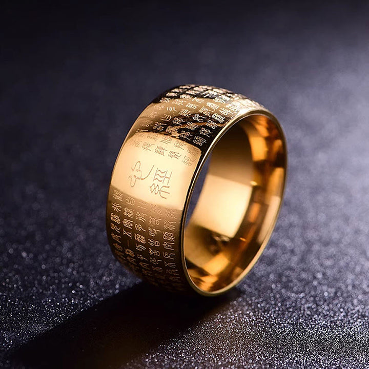 Anillo de equilibrio de acero y titanio con sello tibetano y sutra del corazón con Buddha Stones
