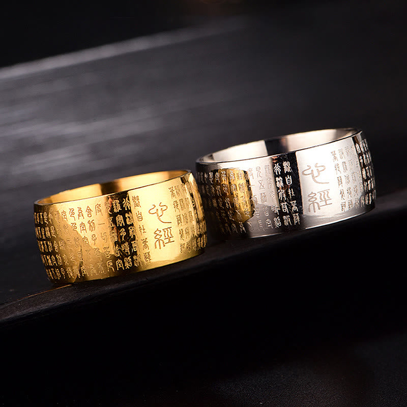 Anillo de equilibrio de acero y titanio con sello tibetano y sutra del corazón con Buddha Stones