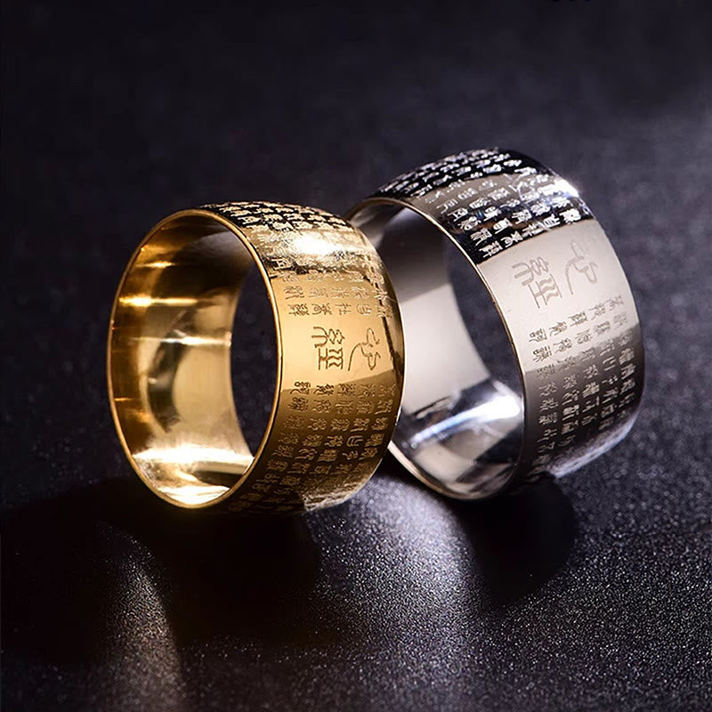 Anillo de equilibrio de acero y titanio con sello tibetano y sutra del corazón con Buddha Stones