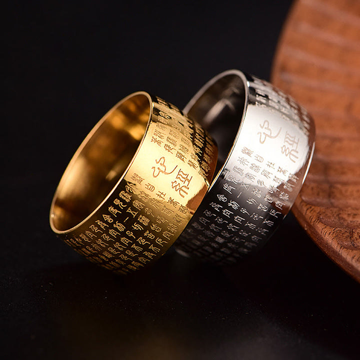 Anillo de equilibrio de acero y titanio con sello tibetano y sutra del corazón con Buddha Stones