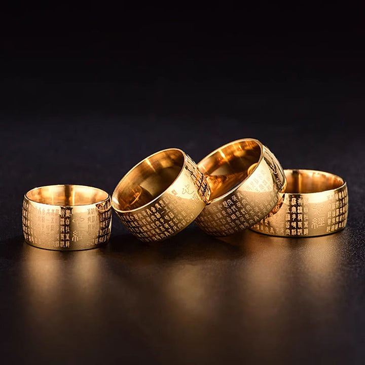 Anillo de equilibrio de acero y titanio con sello tibetano y sutra del corazón con Buddha Stones