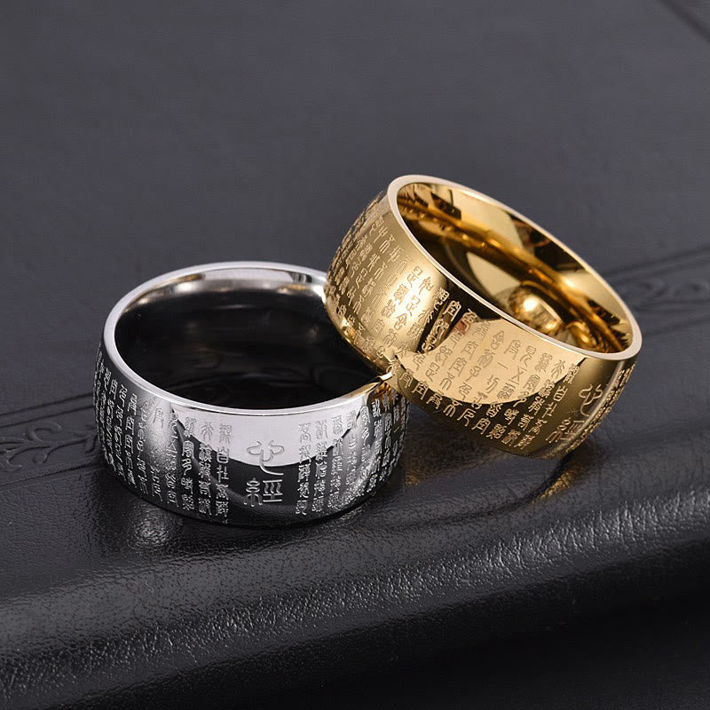Anillo de equilibrio de acero y titanio con sello tibetano y sutra del corazón con Buddha Stones