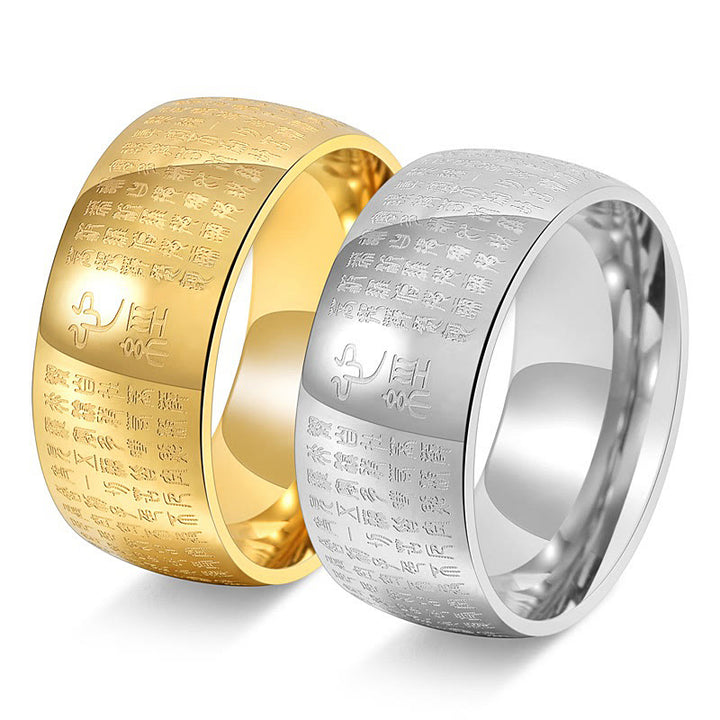 Anillo de equilibrio de acero y titanio con sello tibetano y sutra del corazón con Buddha Stones