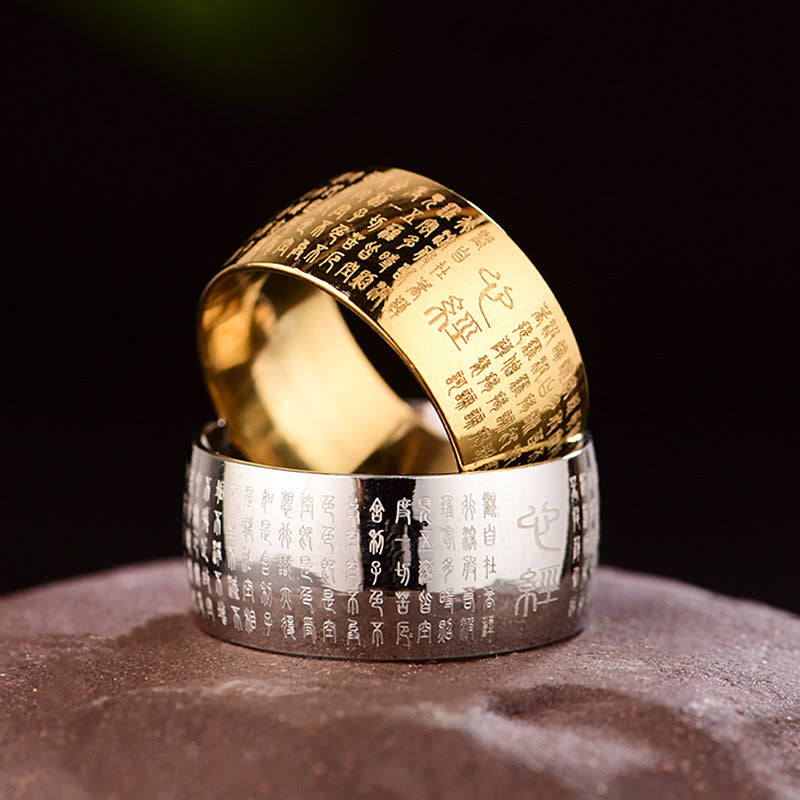 Anillo de equilibrio de acero y titanio con sello tibetano y sutra del corazón con Buddha Stones