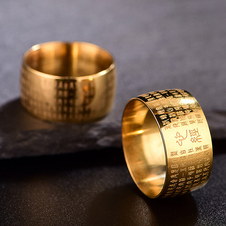 Anillo de equilibrio de acero y titanio con sello tibetano y sutra del corazón con Buddha Stones