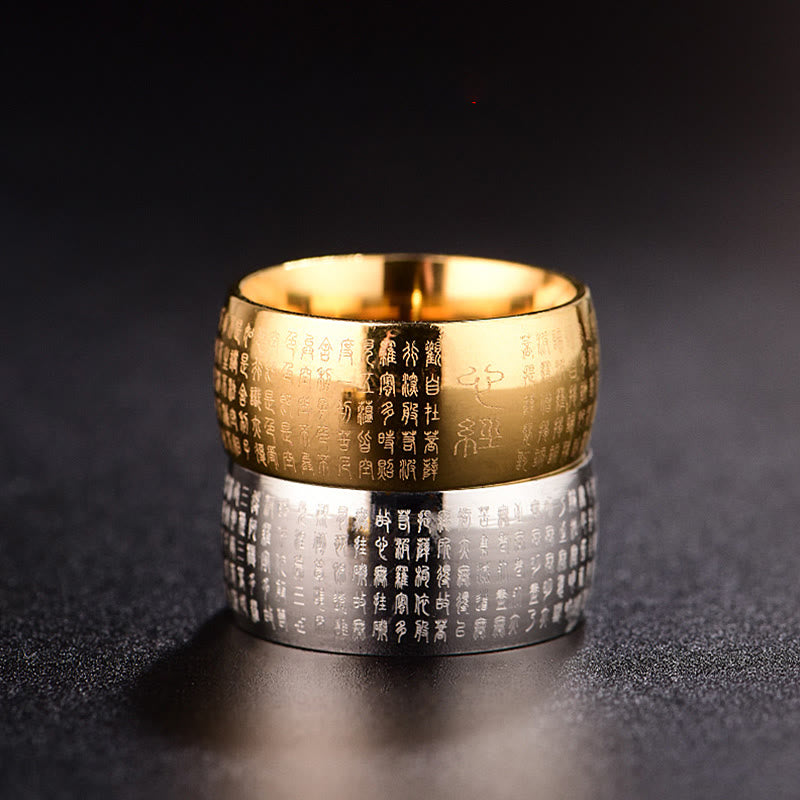 Anillo de equilibrio de acero y titanio con sello tibetano y sutra del corazón con Buddha Stones